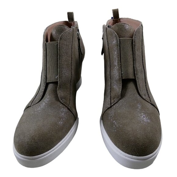 Linea Paolo Felicia Wedge NWOB Tan Leather Bootie Nubuck Gold Sparkles 9M #836 - Picture 2 of 9